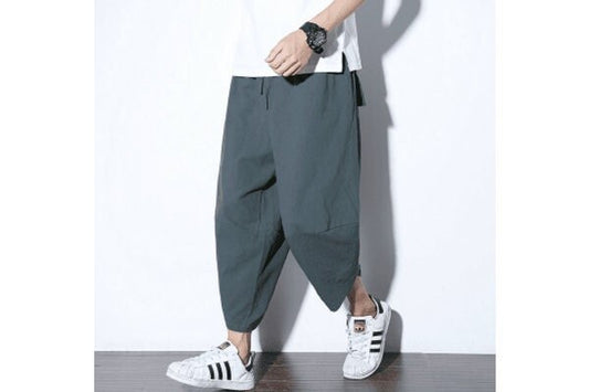 Men's Bohemian Gent Wide Leg 3/4 (Blue) Harem Baggy Genie Yoga Drop Crotch Pants Joggers Sweatpants Trousers