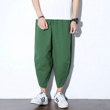 Men's Bohemian Gent Wide Leg 3/4 (Green) Harem Baggy Genie Yoga Drop Crotch Pants Joggers Sweatpants Trousers