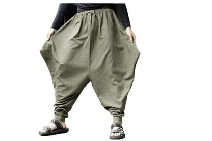 Men's Bohemian Gent Solid (Green) Harem Baggy Genie Yoga Drop Crotch Pants Joggers Sweatpants Trousers