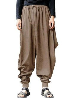 Men's Bohemian Gent Solid (Brown) Harem Baggy Genie Yoga Drop Crotch Pants Joggers Sweatpants Trousers