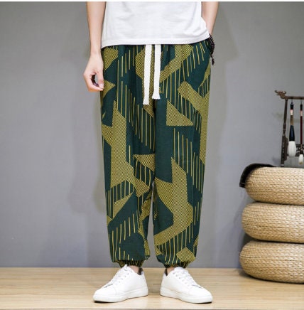 Men's Bohemian Print Light (Green Deco) Joggers - (Harem,Baggy, Genie, Yoga, Drop Crotch, Pants, Joggers, Sweatpants ,Trousers)