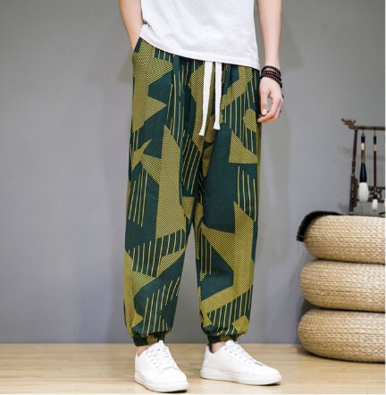 Men's Bohemian Print Light (Green Deco) Joggers - (Harem,Baggy, Genie, Yoga, Drop Crotch, Pants, Joggers, Sweatpants ,Trousers)