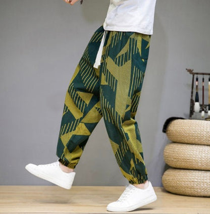 Men's Bohemian Print Light (Green Deco) Joggers - (Harem,Baggy, Genie, Yoga, Drop Crotch, Pants, Joggers, Sweatpants ,Trousers)