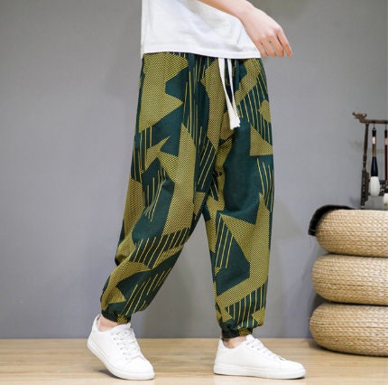 Men's Bohemian Print Light (Green Deco) Joggers - (Harem,Baggy, Genie, Yoga, Drop Crotch, Pants, Joggers, Sweatpants ,Trousers)