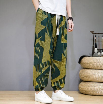 Men's Bohemian Print Light (Green Deco) Joggers - (Harem,Baggy, Genie, Yoga, Drop Crotch, Pants, Joggers, Sweatpants ,Trousers)