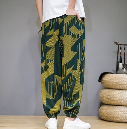 Men's Bohemian Print Light (Green Deco) Joggers - (Harem,Baggy, Genie, Yoga, Drop Crotch, Pants, Joggers, Sweatpants ,Trousers)