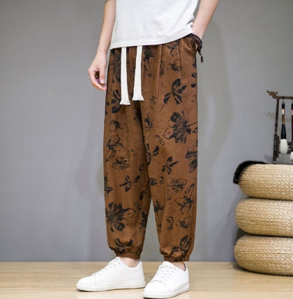 Men's Bohemian Print Light (Golden Floral) Joggers - (Harem,Baggy, Genie, Yoga, Drop Crotch, Pants, Joggers, Sweatpants ,Trousers)