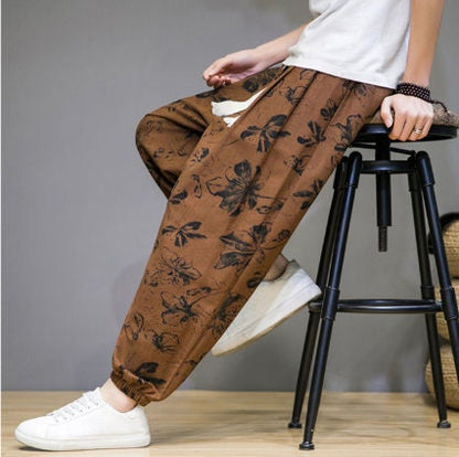 Men's Bohemian Print Light (Golden Floral) Joggers - (Harem,Baggy, Genie, Yoga, Drop Crotch, Pants, Joggers, Sweatpants ,Trousers)