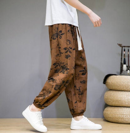 Men's Bohemian Print Light (Golden Floral) Joggers - (Harem,Baggy, Genie, Yoga, Drop Crotch, Pants, Joggers, Sweatpants ,Trousers)