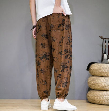 Men's Bohemian Print Light (Golden Floral) Joggers - (Harem,Baggy, Genie, Yoga, Drop Crotch, Pants, Joggers, Sweatpants ,Trousers)