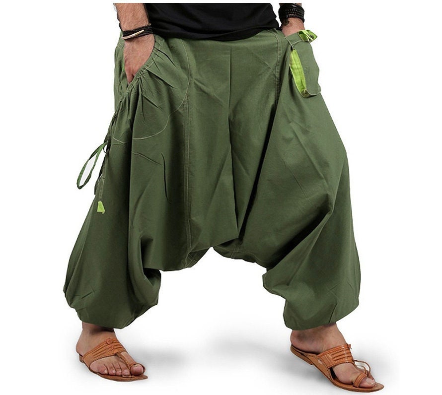 Men's Bohemian Gent Ultra Wide (Green) Harem Baggy Genie Yoga Drop Crotch Pants Joggers Sweatpants Trousers