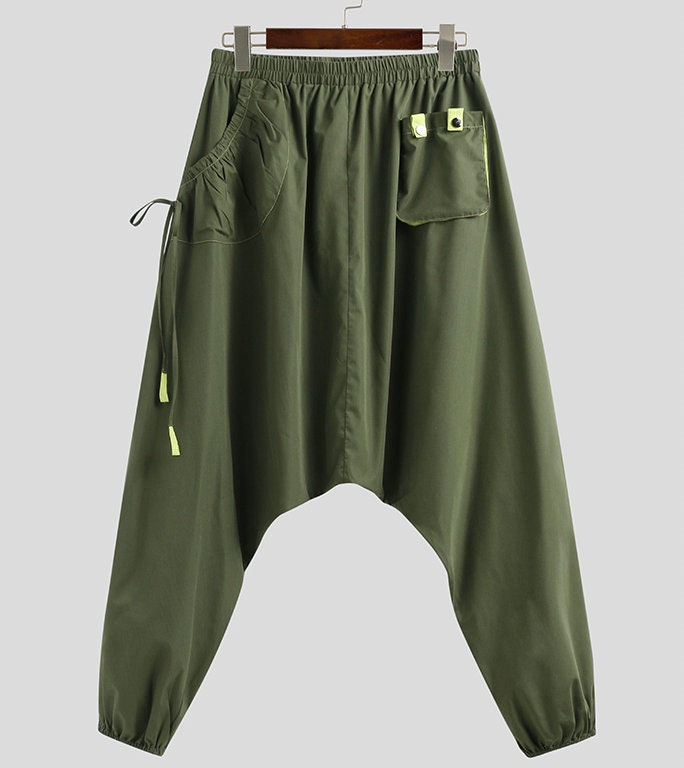 Men's Bohemian Gent Ultra Wide (Green) Harem Baggy Genie Yoga Drop Crotch Pants Joggers Sweatpants Trousers