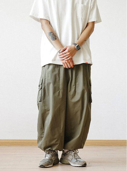 Men's Multi-Pocket Ultra Wide (Green) Harem Ankle Baggy Genie Yoga Drop Crotch Pants Trousers