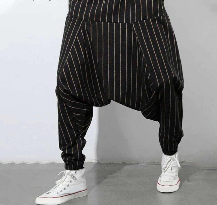 Men's Bohemian Oversize Drop-crotch Striped Drawstring Harem Baggy Genie Yoga Pants Joggers Sweatpants Trousers