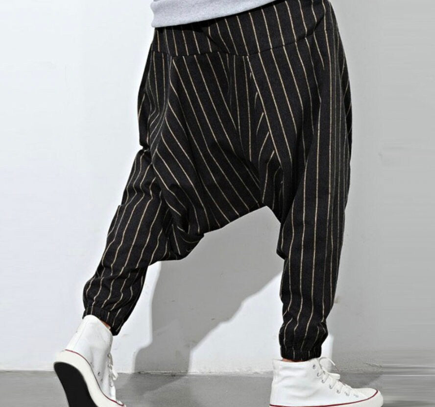 Men's Bohemian Oversize Drop-crotch Striped Drawstring Harem Baggy Genie Yoga Pants Joggers Sweatpants Trousers