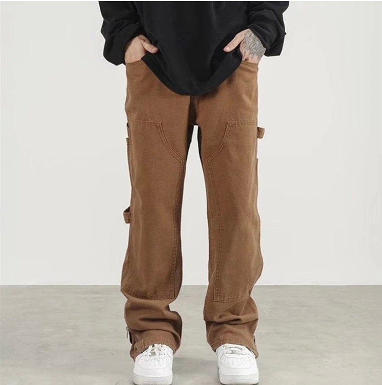 Ankle Zipper Brown Baggy Men Cargo Wide Pants Bohemian Hip Hop Straight Loose