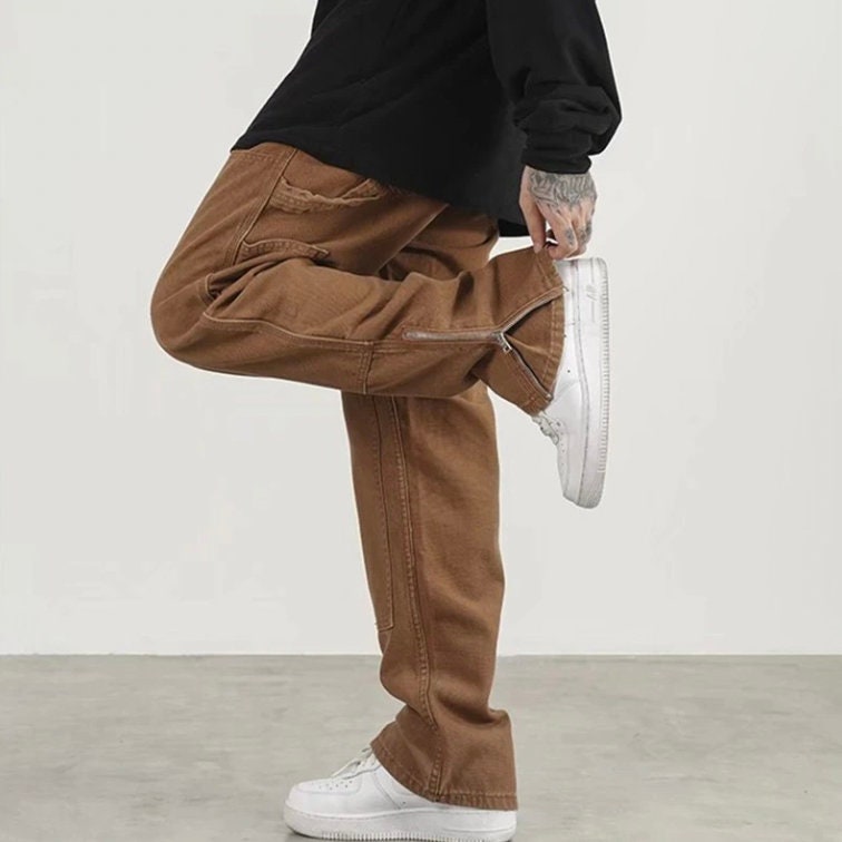 Ankle Zipper Brown Baggy Men Cargo Wide Pants Bohemian Hip Hop Straight Loose