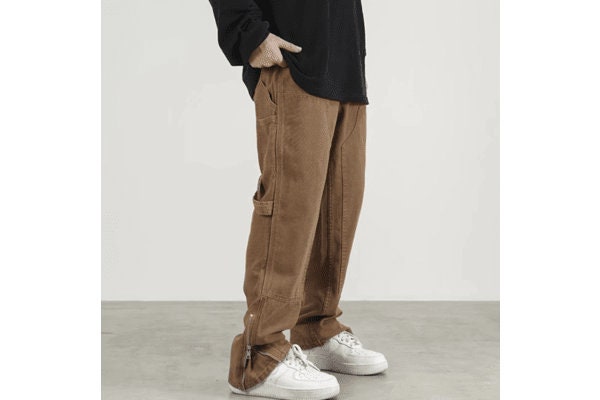 Ankle Zipper Brown Baggy Men Cargo Wide Pants Bohemian Hip Hop Straight Loose