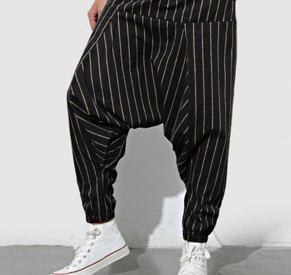 Men's Bohemian Oversize Drop-crotch Striped Drawstring Harem Baggy Genie Yoga Pants Joggers Sweatpants Trousers