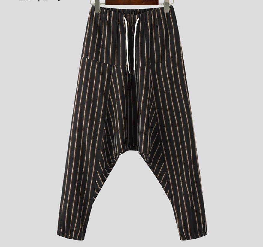 Men's Bohemian Oversize Drop-crotch Striped Drawstring Harem Baggy Genie Yoga Pants Joggers Sweatpants Trousers