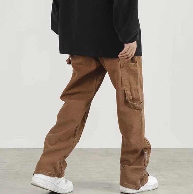 Ankle Zipper Brown Baggy Men Cargo Wide Pants Bohemian Hip Hop Straight Loose