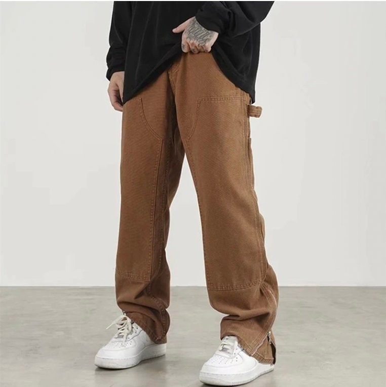 Ankle Zipper Brown Baggy Men Cargo Wide Pants Bohemian Hip Hop Straight Loose