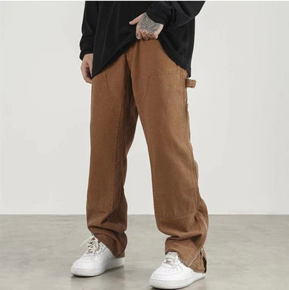 Ankle Zipper Brown Baggy Men Cargo Wide Pants Bohemian Hip Hop Straight Loose