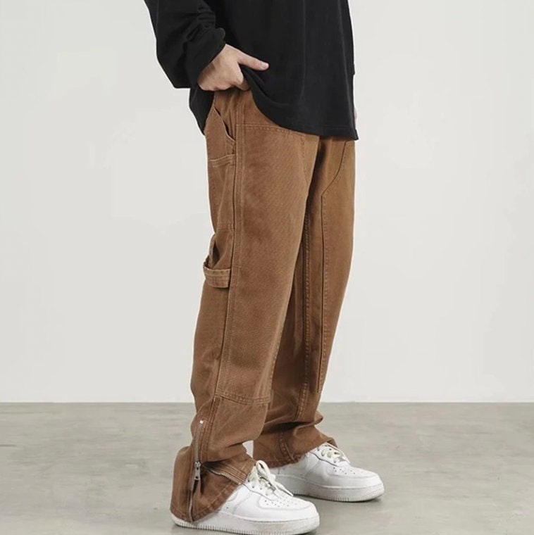 Ankle Zipper Brown Baggy Men Cargo Wide Pants Bohemian Hip Hop Straight Loose