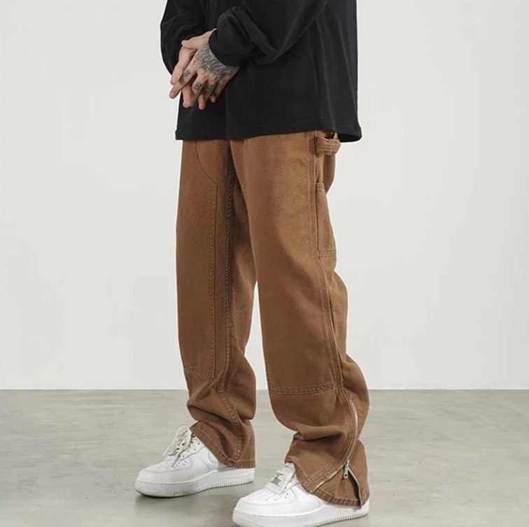 Ankle Zipper Brown Baggy Men Cargo Wide Pants Bohemian Hip Hop Straight Loose